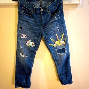 Hand made sun and cloud patches stitched on upcycled Banana Republic denim